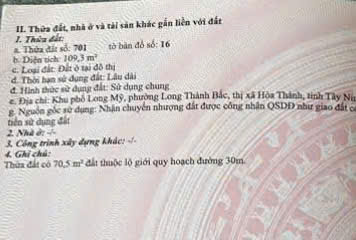 CHÍNH CHỦ BÁN ĐẤT ĐẸP – GIÁ Tốt – Vị Trí Tại : Long Mỹ – Long Thành- Bắc Hòa – Tây Ninh