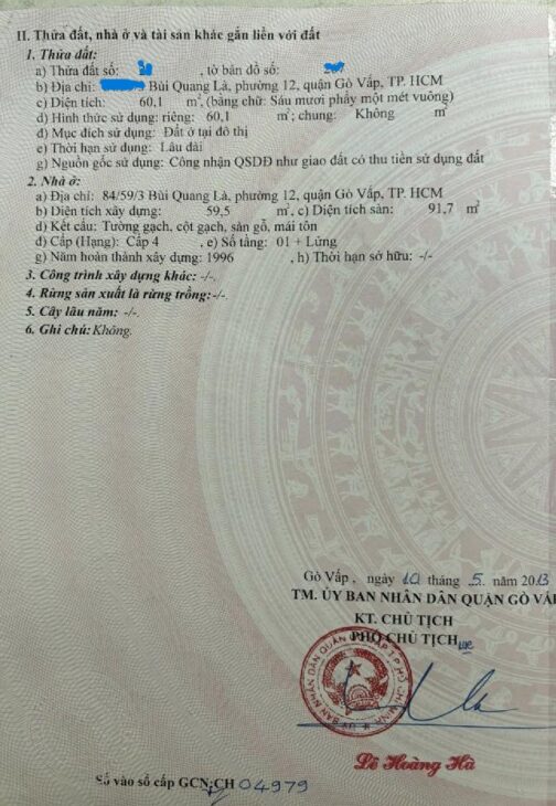 BÁN ĐẤT TẶNG NHÀ C4 CÓ GÁC. ĐƯỜNG BÙI QUANG LÀ. P12. GV. GIÁ NHỈNH 4 TỶ TL.