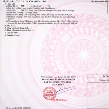 BÁN GẤP ĐẤT TÂN LONG – PHÚ GIÁO – BÀU BÀNG – 300Triệu – Công chứng ngay