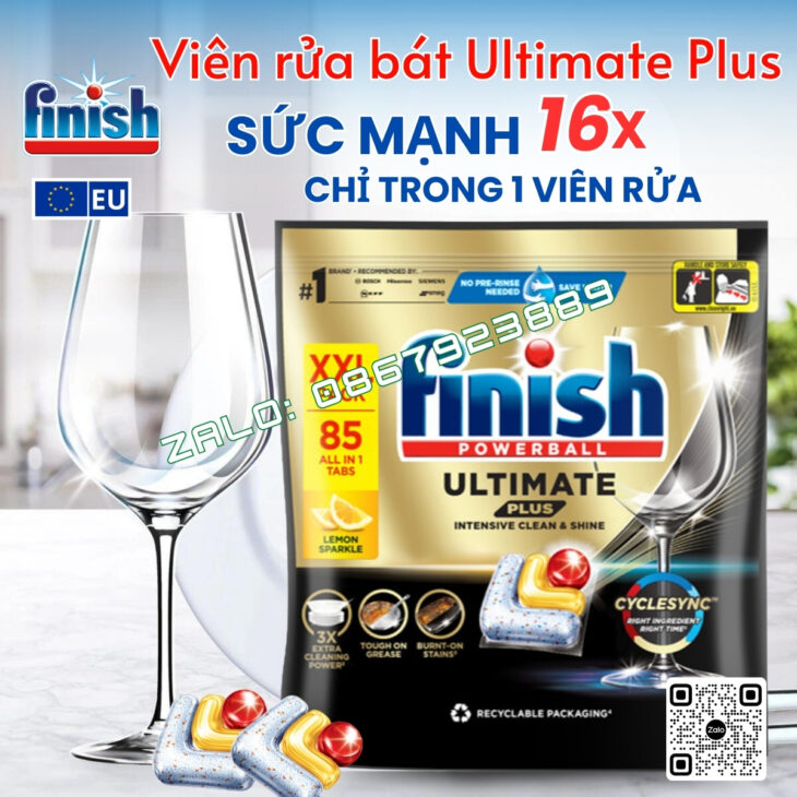 Viên rửa bát cao cấp FINISH ULTIMATE PLUS, làm sạch vượt trội, hàng nhập khẩu chính hãng Châu Âu