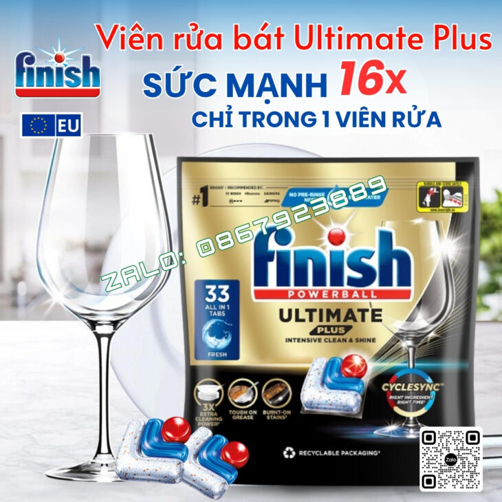 Viên rửa bát cao cấp FINISH ULTIMATE PLUS, làm sạch vượt trội, hàng nhập khẩu chính hãng Châu Âu