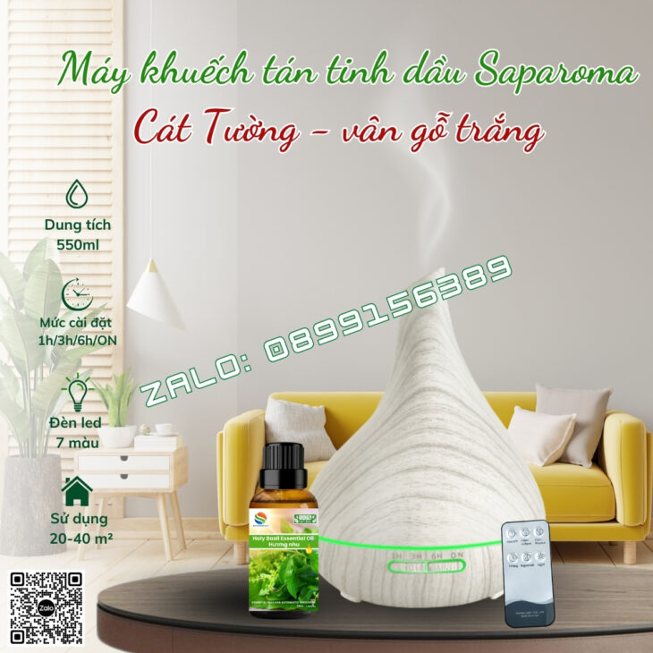 MÁY KHUẾCH TÁN TINH DẦU PHUN SƯƠNG SAPAROMA, LED 7 MÀU, THƠM PHÒNG, HỖ TRỢ KHỬ MÙI, XUA ĐUỔI MUỖI