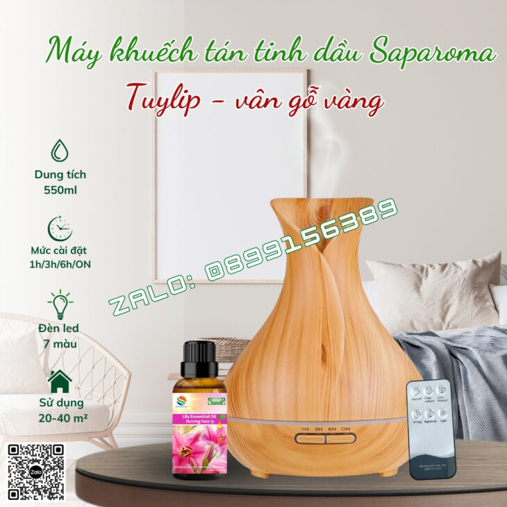 MÁY KHUẾCH TÁN TINH DẦU PHUN SƯƠNG SAPAROMA, LED 7 MÀU, THƠM PHÒNG, HỖ TRỢ KHỬ MÙI, XUA ĐUỔI MUỖI