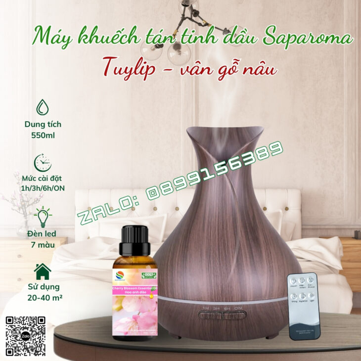 MÁY KHUẾCH TÁN TINH DẦU PHUN SƯƠNG SAPAROMA, LED 7 MÀU, THƠM PHÒNG, HỖ TRỢ KHỬ MÙI, XUA ĐUỔI MUỖI