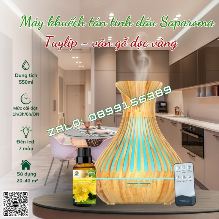 MÁY KHUẾCH TÁN TINH DẦU PHUN SƯƠNG SAPAROMA, LED 7 MÀU, THƠM PHÒNG, HỖ TRỢ KHỬ MÙI, XUA ĐUỔI MUỖI