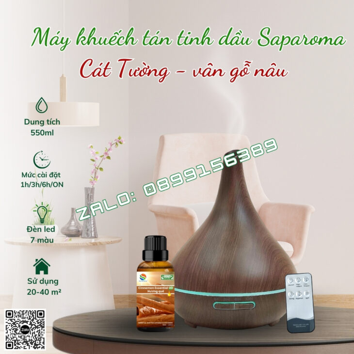 MÁY KHUẾCH TÁN TINH DẦU PHUN SƯƠNG SAPAROMA, LED 7 MÀU, THƠM PHÒNG, HỖ TRỢ KHỬ MÙI, XUA ĐUỔI MUỖI