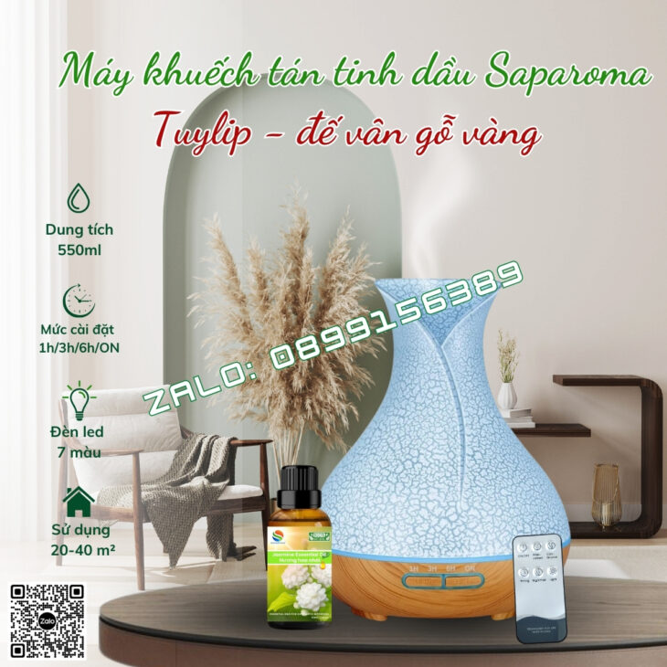 MÁY KHUẾCH TÁN TINH DẦU PHUN SƯƠNG SAPAROMA, LED 7 MÀU, THƠM PHÒNG, HỖ TRỢ KHỬ MÙI, XUA ĐUỔI MUỖI