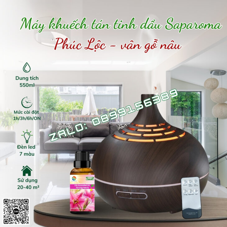 MÁY KHUẾCH TÁN TINH DẦU PHUN SƯƠNG SAPAROMA, LED 7 MÀU, THƠM PHÒNG, HỖ TRỢ KHỬ MÙI, XUA ĐUỔI MUỖI
