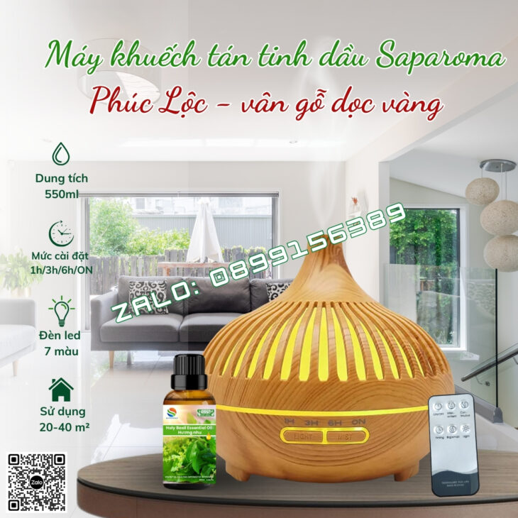 MÁY KHUẾCH TÁN TINH DẦU PHUN SƯƠNG SAPAROMA, LED 7 MÀU, THƠM PHÒNG, HỖ TRỢ KHỬ MÙI, XUA ĐUỔI MUỖI