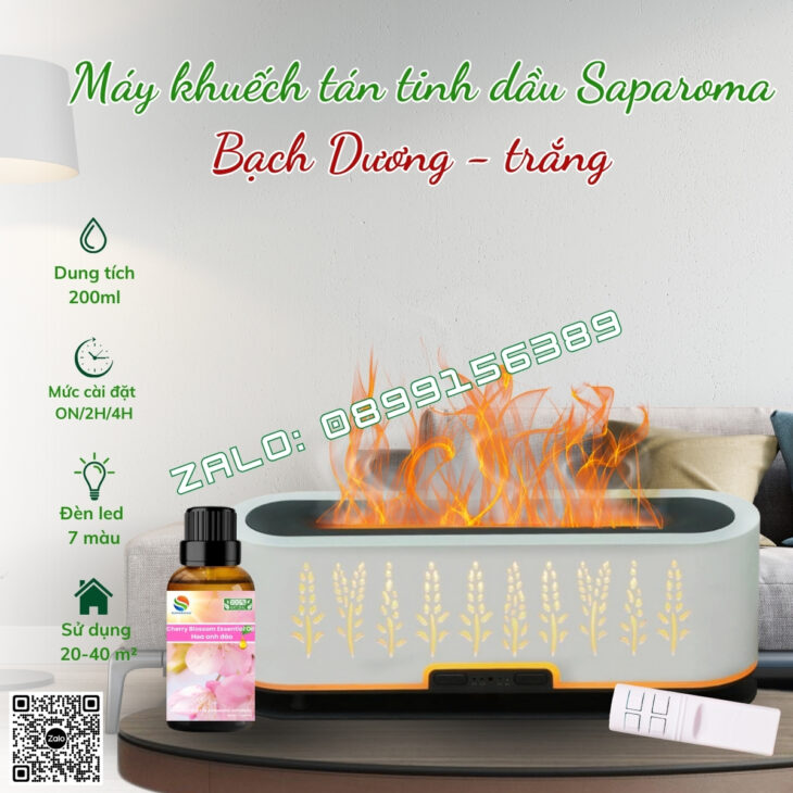 MÁY XÔNG TINH DẦU PHUN SƯƠNG SAPAROMA, HIỆU ỨNG LỬA, LED 7 MÀU, THƠM PHÒNG, BÙ ẨM