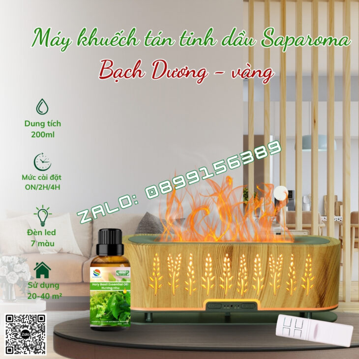 MÁY XÔNG TINH DẦU PHUN SƯƠNG SAPAROMA, HIỆU ỨNG LỬA, LED 7 MÀU, THƠM PHÒNG, BÙ ẨM