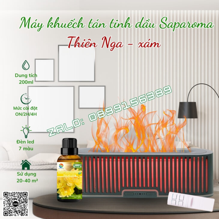 MÁY XÔNG TINH DẦU PHUN SƯƠNG SAPAROMA, HIỆU ỨNG LỬA, LED 7 MÀU, THƠM PHÒNG, BÙ ẨM