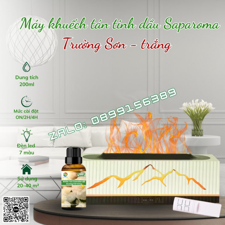 MÁY XÔNG TINH DẦU PHUN SƯƠNG SAPAROMA, HIỆU ỨNG LỬA, LED 7 MÀU, THƠM PHÒNG, BÙ ẨM