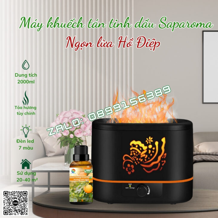 MÁY XÔNG TINH DẦU PHUN SƯƠNG SAPAROMA, HIỆU ỨNG LỬA, LED 7 MÀU, THƠM PHÒNG, BÙ ẨM
