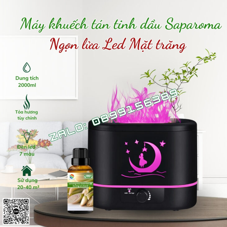 MÁY XÔNG TINH DẦU PHUN SƯƠNG SAPAROMA, HIỆU ỨNG LỬA, LED 7 MÀU, THƠM PHÒNG, BÙ ẨM