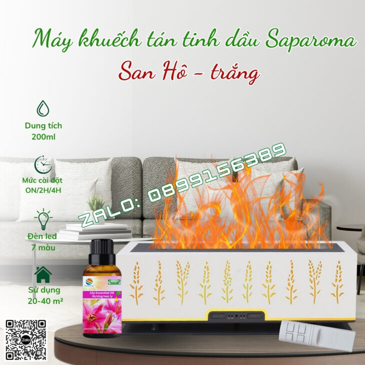 MÁY XÔNG TINH DẦU PHUN SƯƠNG SAPAROMA, HIỆU ỨNG LỬA, LED 7 MÀU, THƠM PHÒNG, BÙ ẨM