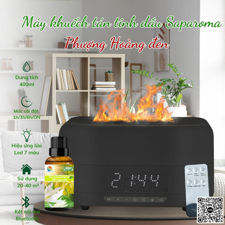 MÁY XÔNG TINH DẦU PHUN SƯƠNG CAO CẤP SAPAROMA, LOA BLUETOOTH, HIỆU ỨNG LỬA, LED 7 MÀU, THƠM PHÒNG
