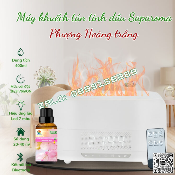 MÁY XÔNG TINH DẦU PHUN SƯƠNG CAO CẤP SAPAROMA, LOA BLUETOOTH, HIỆU ỨNG LỬA, LED 7 MÀU, THƠM PHÒNG