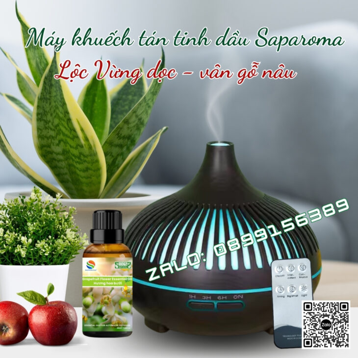 (Tặng tinh dầu) Máy khuếch tán tinh dầu phun sương Saparoma, thơm phòng, hỗ trợ khử mùi, Led 7 màu