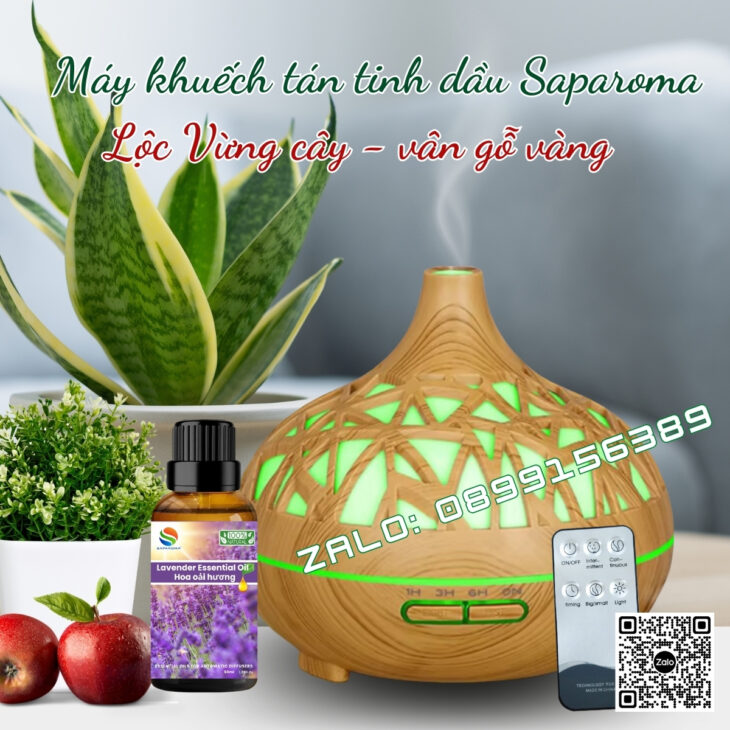 (Tặng tinh dầu) Máy khuếch tán tinh dầu phun sương Saparoma, thơm phòng, hỗ trợ khử mùi, Led 7 màu