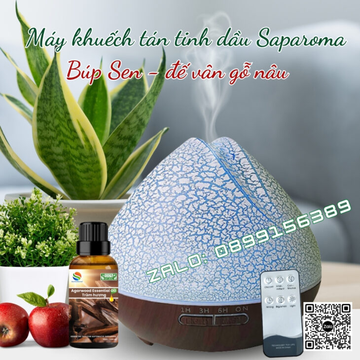 (Tặng tinh dầu) Máy khuếch tán tinh dầu phun sương Saparoma, thơm phòng, hỗ trợ khử mùi, Led 7 màu