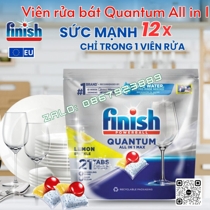 Viên rửa bát Finish Quantum All in 1 – 12 tính năng, làm sạch mạnh mẽ, nhập khẩu chính hãng Châu Âu