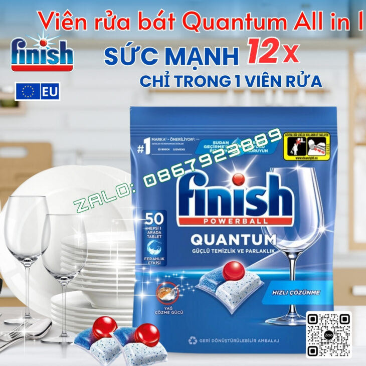 Viên rửa bát Finish Quantum All in 1 – 12 tính năng, làm sạch mạnh mẽ, nhập khẩu chính hãng Châu Âu