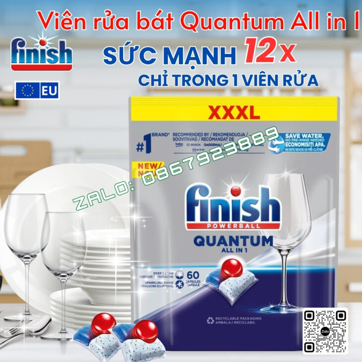 Viên rửa bát Finish Quantum All in 1 – 12 tính năng, làm sạch mạnh mẽ, nhập khẩu chính hãng Châu Âu