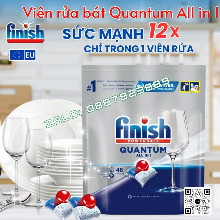 Viên rửa bát Finish Quantum All in 1 – 12 tính năng, làm sạch mạnh mẽ, nhập khẩu chính hãng Châu Âu