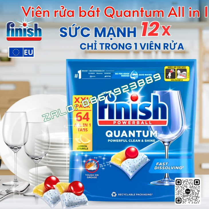 Viên rửa bát Finish Quantum All in 1 – 12 tính năng, làm sạch mạnh mẽ, nhập khẩu chính hãng Châu Âu