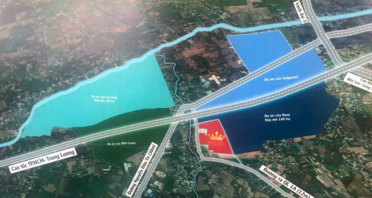 Đất nền đối diện Eco Retreat Long An. Giá 2.1 tỷ. Hạ tầng hoàn thiện, sổ sẵn từng nền. Mặt đường