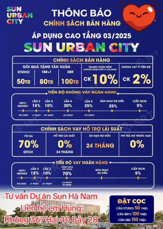 💥💥💥Chính sách sản phẩm thấp tầng ,cao tầng dự án Sun UrBan City quá hấp dẫn. 👉 Chủ đầu tư chính