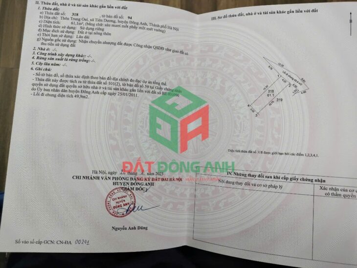 Bán đất Trung Oai Tiên Dương – 61m2 – Đường 4m
