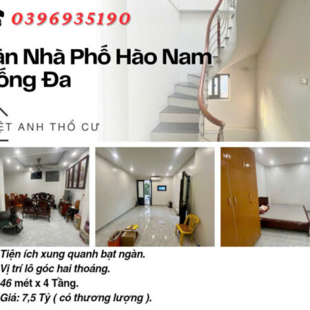 Bán nhà Phố Hào Nam, Sổ Vuông Vắn, Lô Góc Hai Thoáng, 46mx4T, Giá: 7.5 Tỷ, Lh: 0396935190.