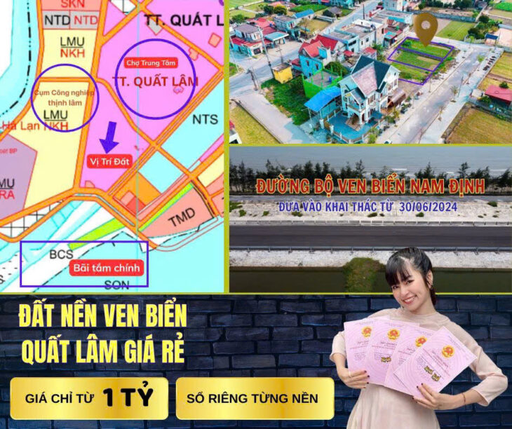 Bán đất trung tâm thị trấn quất lâm gần bãi tắm, quảng trường từ 1 tỷ