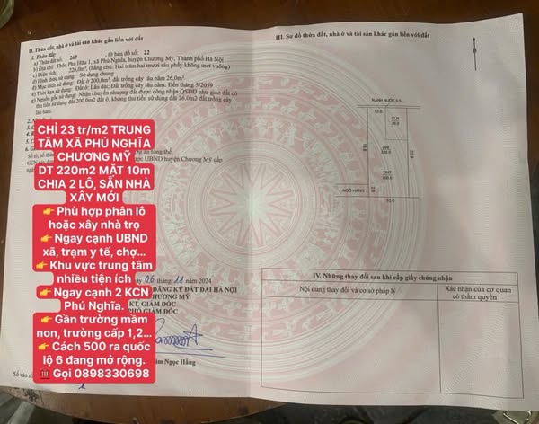 23 tr/m2 TRUNG TÂM XÃ PHÚ NGHĨA CHƯƠNG MỸ DT 220m2 MẶT 10m CHIA 2 LÔ, SẴN NHÀ XÂY MỚI