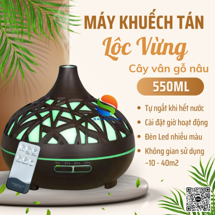 Máy xông tinh dầu thơm phòng SAPAROMA hỗ trợ khử mùi, đèn Led nhiều màu kèm điều khiển, quà tặng