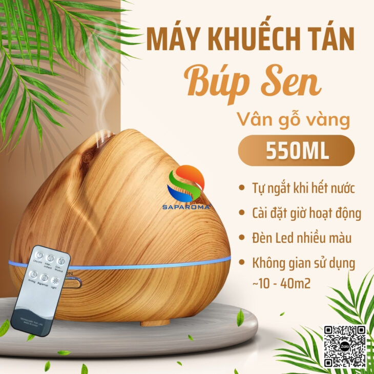 Máy xông tinh dầu thơm phòng SAPAROMA hỗ trợ khử mùi, đèn Led nhiều màu kèm điều khiển, quà tặng