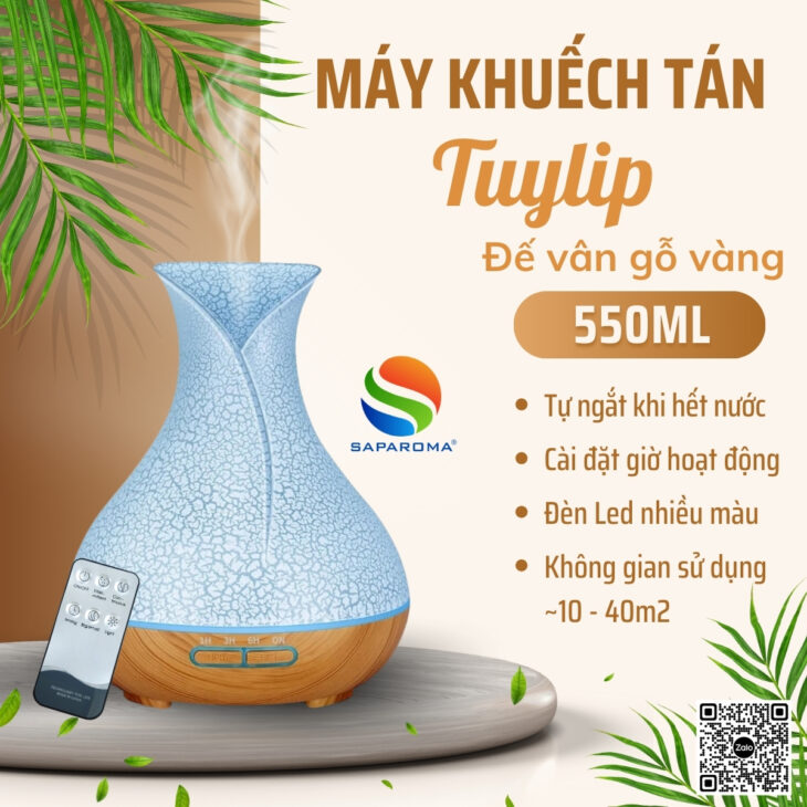Máy khuếch tán tinh dầu cao cấp Saparoma, thơm phòng, hỗ trợ khử mùi, Led 7 màu kèm điều khiển