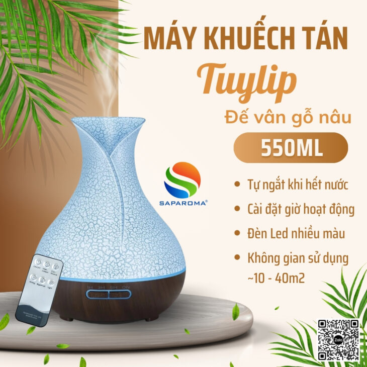 Máy khuếch tán tinh dầu cao cấp Saparoma, thơm phòng, hỗ trợ khử mùi, Led 7 màu kèm điều khiển