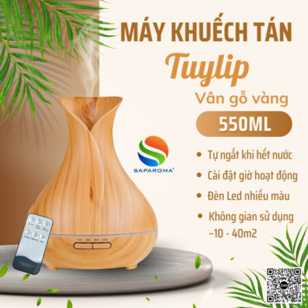 Máy khuếch tán tinh dầu cao cấp Saparoma, thơm phòng, hỗ trợ khử mùi, Led 7 màu kèm điều khiển