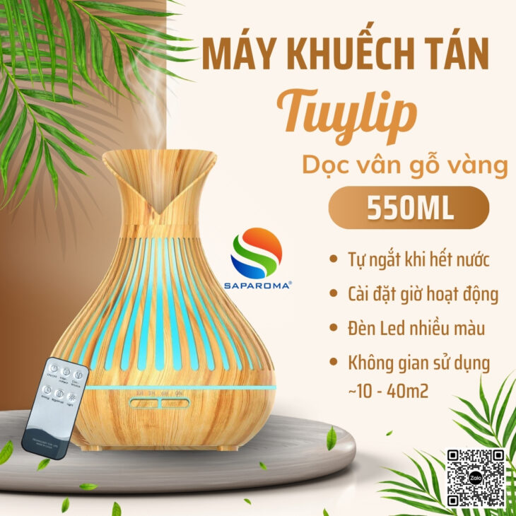 Máy khuếch tán tinh dầu cao cấp Saparoma, thơm phòng, hỗ trợ khử mùi, Led 7 màu kèm điều khiển