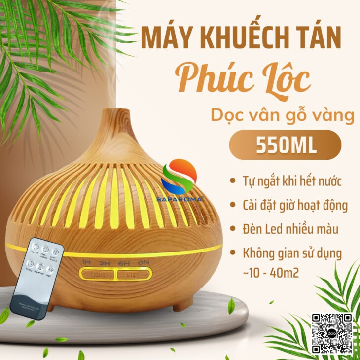 Máy khuếch tán tinh dầu cao cấp Saparoma, thơm phòng, hỗ trợ khử mùi, Led 7 màu kèm điều khiển