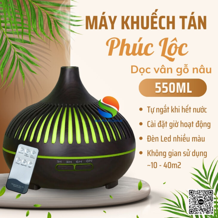 Máy khuếch tán tinh dầu cao cấp Saparoma, thơm phòng, hỗ trợ khử mùi, Led 7 màu kèm điều khiển