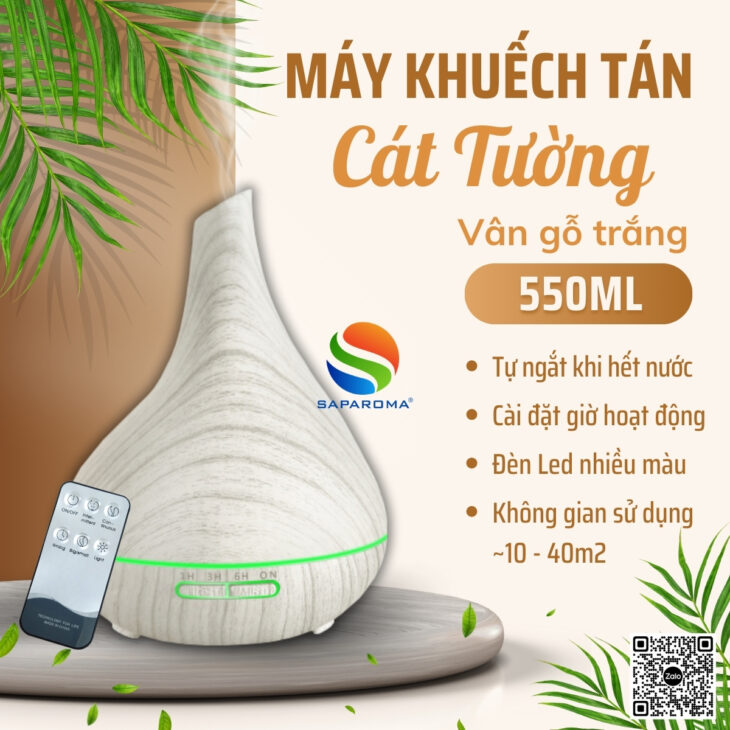 Máy khuếch tán tinh dầu cao cấp Saparoma, thơm phòng, hỗ trợ khử mùi, Led 7 màu kèm điều khiển