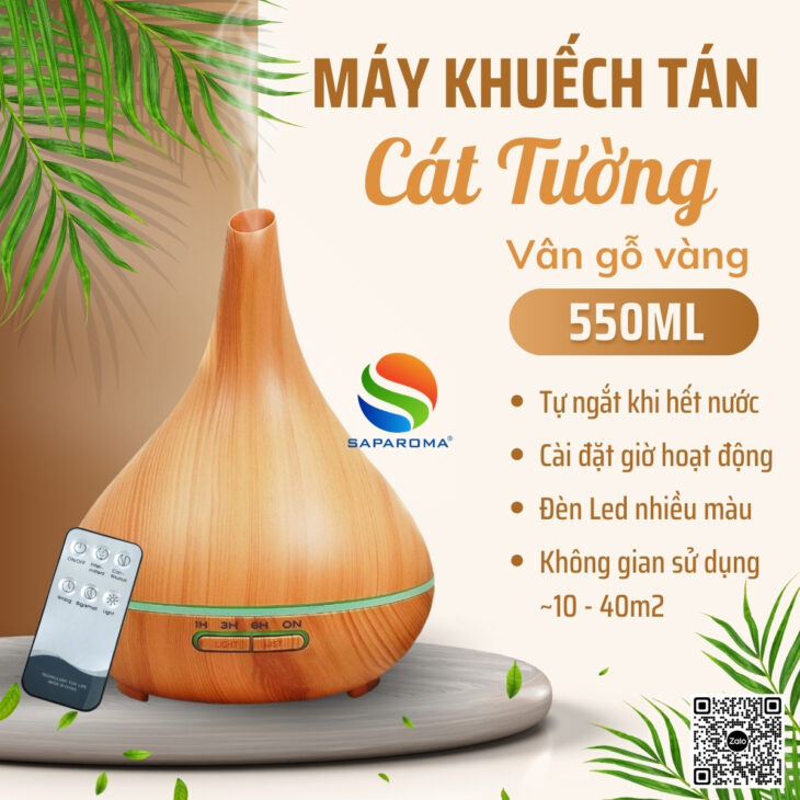 Máy khuếch tán tinh dầu cao cấp Saparoma, thơm phòng, hỗ trợ khử mùi, Led 7 màu kèm điều khiển