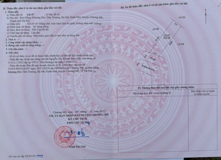 Bán 103,7m Đất đấu giá-khoang bèo-xuân mai-chương nỹ-hà nội vỉa vè 3m đường rộng 6m