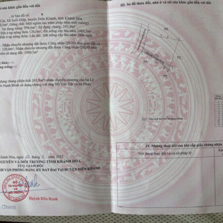 Suối hiệp _ Diên Khánh Chính chủ cần bán nhanh Diện tích 956 có 120m thổ . Lô góc 2 mặt tiền