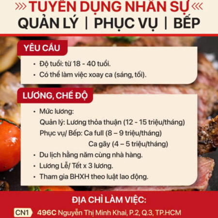 TRẢI THẢM ĐỎ – Đón nhân tài- TUYỂN GIÁM SÁT NHÀ HÀNG khu vực Bình Tân, Q5, Q8 , Q6, Tân Phú