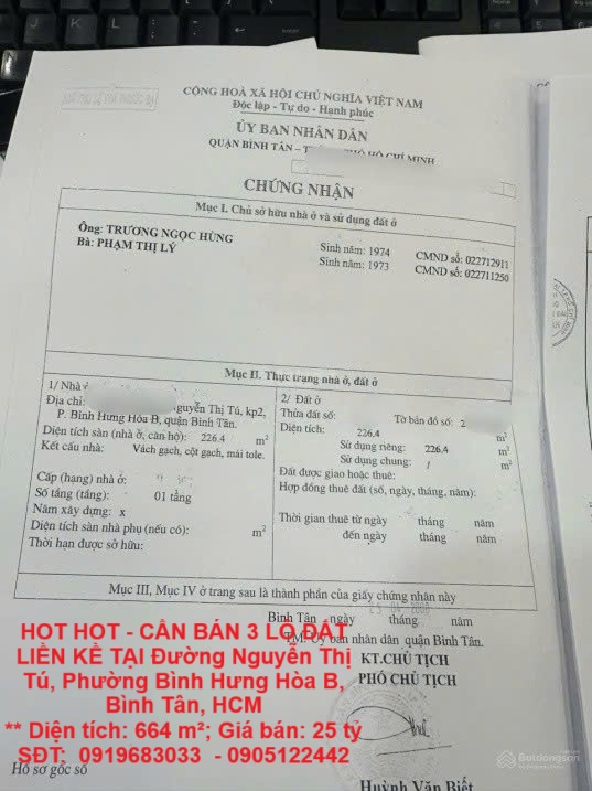 HOT HOT – CẦN BÁN 3 LÔ ĐẤT LIỀN KỀ TẠI Đường Nguyễn Thị Tú, Phường Bình Hưng Hòa B, Bình Tân, HCM